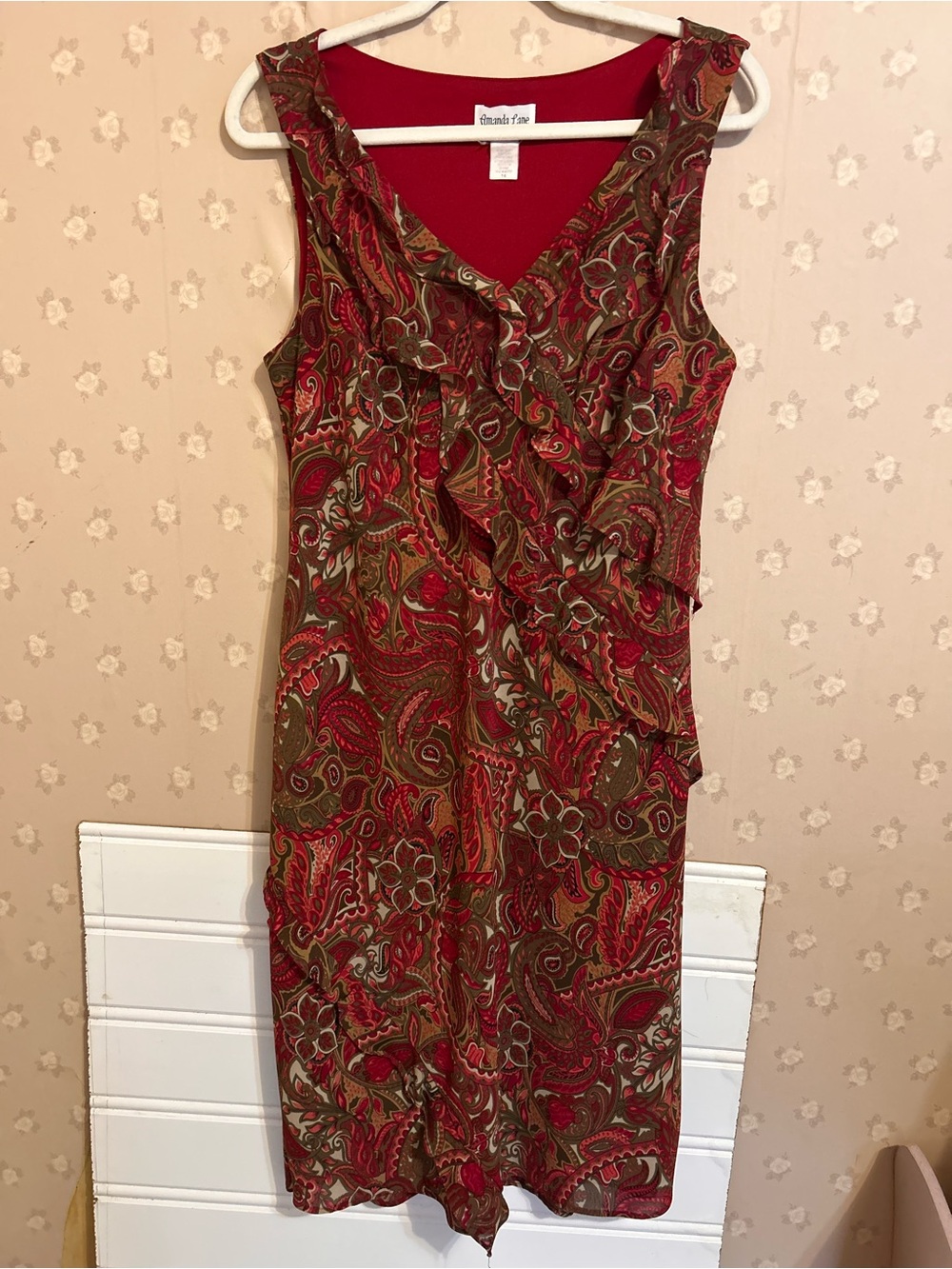 Amanda Lane Dress Size 14 Womens Red Paisley Ruffle V-Neck Sleeveless Chiffon